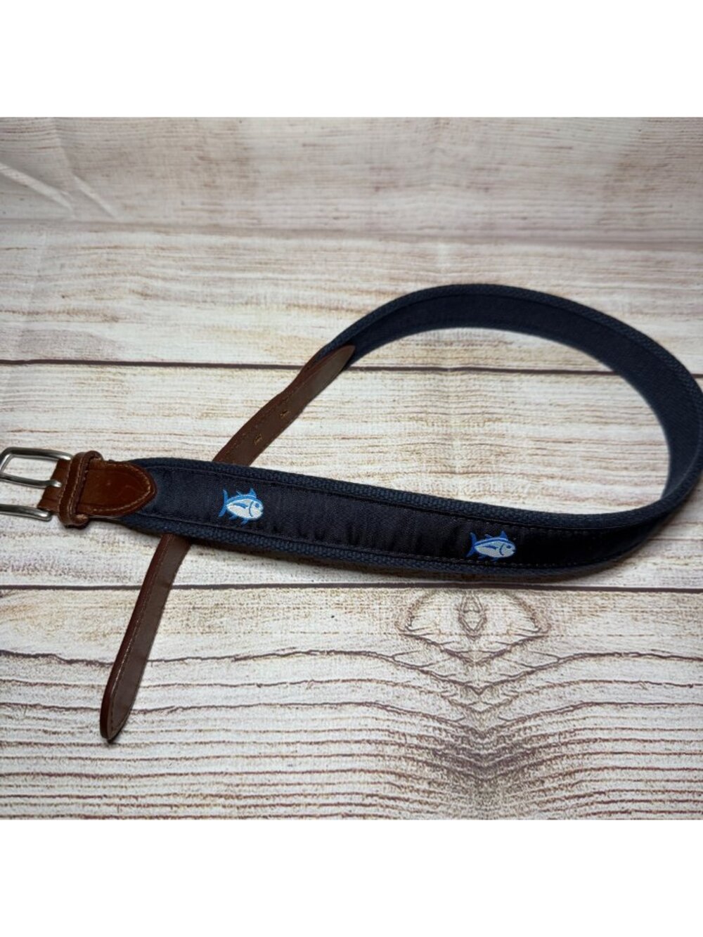 Southern Tide The Skipjack Leather Canvas Fish Logo Belt Boys Kids Size 26 Blue